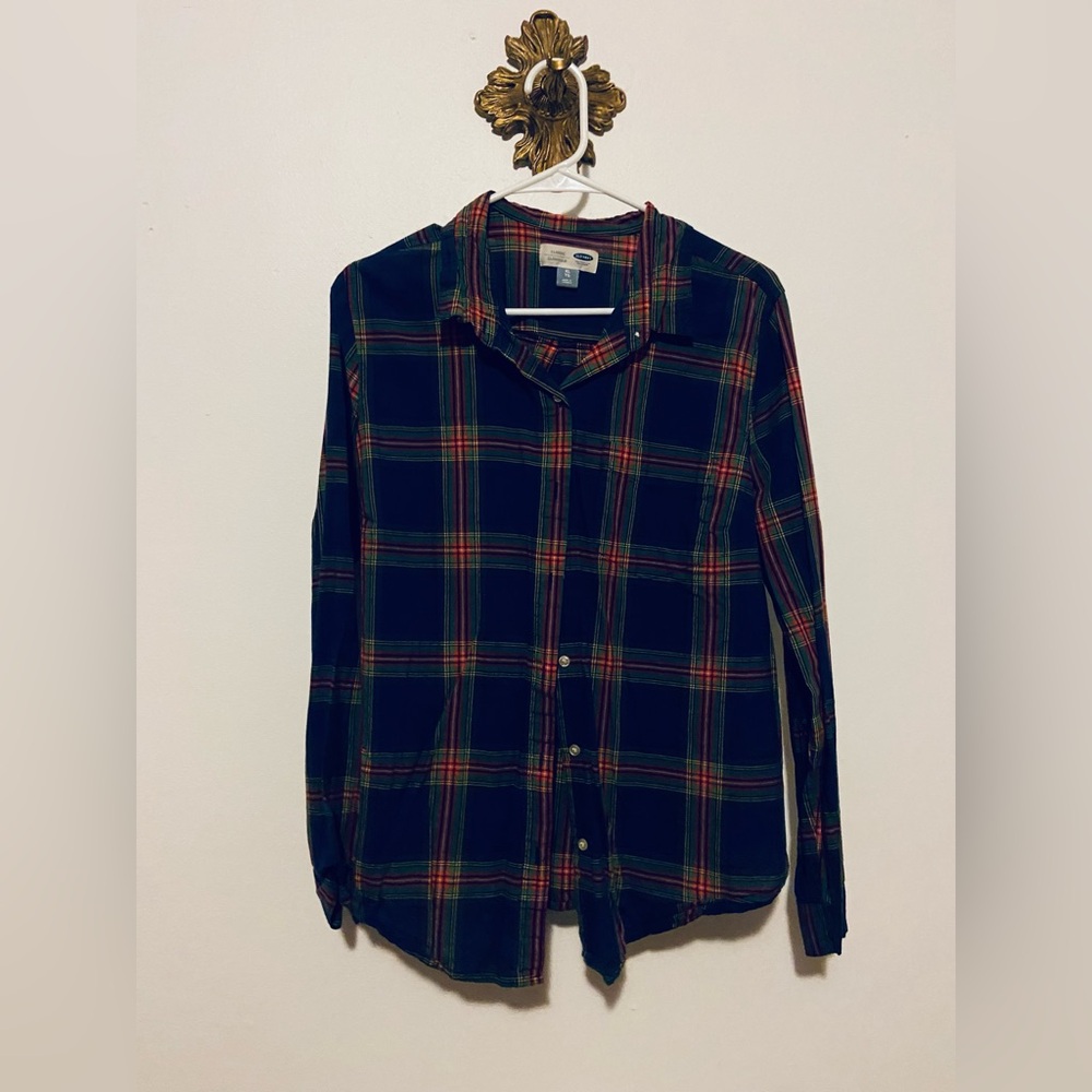 Old Navy Navy Plaid Shirt With Red, Green and Gold Stripes